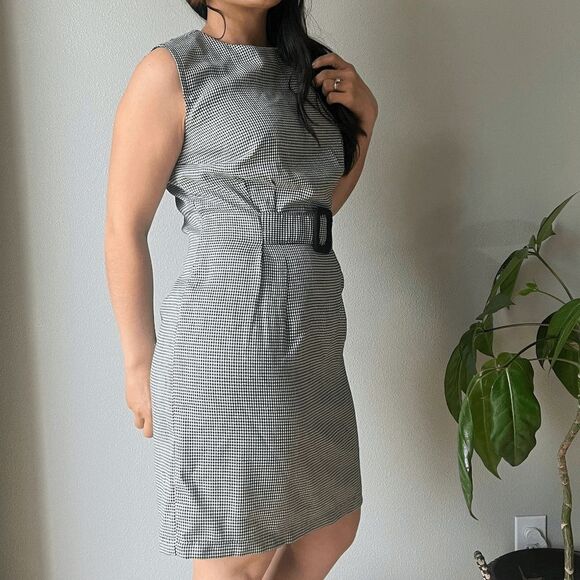 Vtg deadstock 90s Marnie West black‎ white houndstooth fitted belt dress size 10 - Picture 6 of 8
